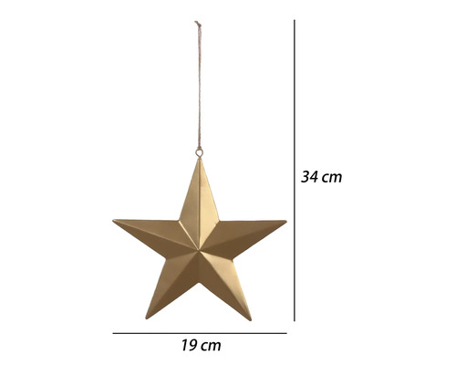 Goldfarbener Dekostern zum Aufhängen, Breite 19 Zentimeter, Gesamthöhe 34 Zentimeter.