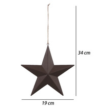 Dunkelbrauner Metallstern zum Aufhängen mit Juteschnur, Breite 19 Zentimeter, Gesamthöhe 34 Zentimeter.