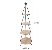 Pyramidenförmiges Standregal aus Metall mit vier runden Holzböden, Lilien-Aufsatz, Höhe 150 Zentimeter, Durchmesser 45 Zentimeter.