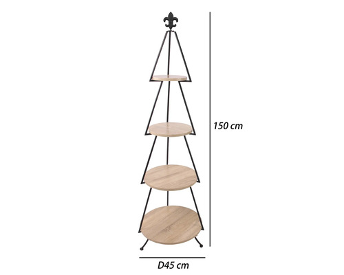 Pyramidenförmiges Standregal aus Metall mit vier runden Holzböden, Lilien-Aufsatz, Höhe 150 Zentimeter, Durchmesser 45 Zentimeter.