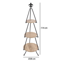 Dreistöckige Pflanzen-Etagere aus Metall und Holz mit Lilien-Aufsatz, Höhe 114 Zentimeter, Durchmesser 38 Zentimeter.