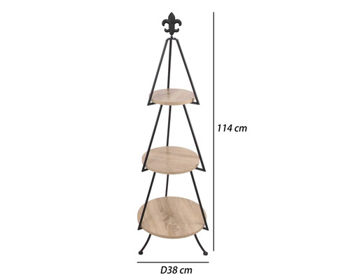 Dreistöckige Pflanzen-Etagere aus Metall und Holz mit Lilien-Aufsatz, Höhe 114 Zentimeter, Durchmesser 38 Zentimeter.