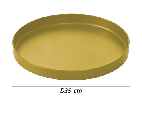 Rundes goldenes Metalltablett mit einem Durchmesser von 35 Zentimetern.