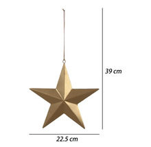 Goldener Dekostern zum Aufhängen mit Juteschnur, Breite 22,5 Zentimeter, Gesamthöhe 39 Zentimeter.