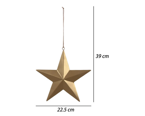 Goldener Dekostern zum Aufhängen mit Juteschnur, Breite 22,5 Zentimeter, Gesamthöhe 39 Zentimeter.