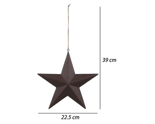 Dekorationsstern zum Aufhängen aus Metall, braun, Breite 22,5 Zentimeter, Gesamthöhe 39 Zentimeter.