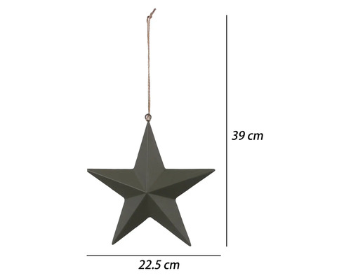 Dekorativer Stern aus Metall zum Aufhängen, dunkelgrau, Breite 22,5 Zentimeter, Gesamthöhe 39 Zentimeter mit Kordel.