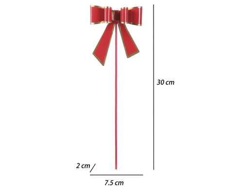 Roter Gartenstecker in Schleifenform aus Metall, Höhe 30 Zentimeter, Breite 7,5 Zentimeter, Tiefe 2 Zentimeter.