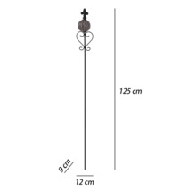Schwarzer Gartenstab aus Metall mit Glaskugel und Lilie, Höhe 125 Zentimeter, Breite 12 Zentimeter, Tiefe 9 Zentimeter.