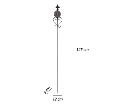 Schwarzer Gartenstab aus Metall mit Glaskugel und Lilie, Höhe 125 Zentimeter, Breite 12 Zentimeter, Tiefe 9 Zentimeter.