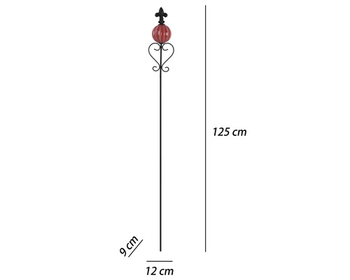 Dekorativer Gartenstab aus Metall mit Glaskugel und Lilie, Höhe 125 Zentimeter, Breite 12 Zentimeter.