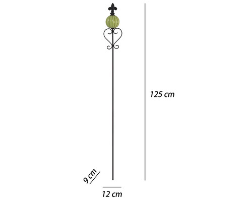 Gartenstab aus Metall mit Keramikkugel und Lilien-Abschluss, Höhe 125 Zentimeter, Breite 12 Zentimeter, Tiefe 9 Zentimeter.