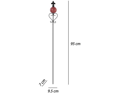 Beetstecker aus Metall mit rosa Glaskugel und Lilie, Höhe 95 Zentimeter, Breite 9,5 Zentimeter, Tiefe 7 Zentimeter.