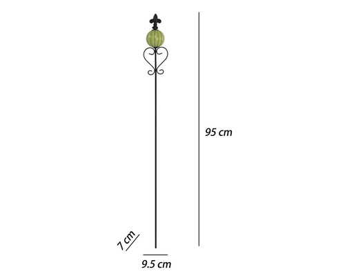 Schwarzer Gartenstecker aus Metall mit grüner Glaskugel, Herz-Ornament und Lilien-Spitze, Höhe 95 Zentimeter, Breite 9,5 Zentimeter.