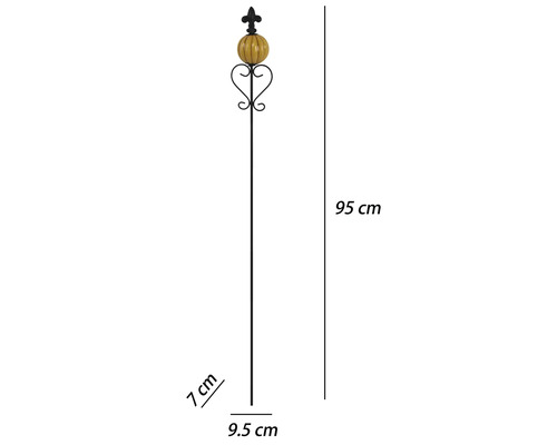 Dekorativer Gartenstab aus Metall mit gelber Keramikkugel, Lilie und Herz-Ornament, Höhe 95 Zentimeter, Breite 9.5 Zentimeter.