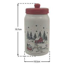 Vorratsdose aus Keramik, weiß mit rotem Deckel und weihnachtlichem Motiv, Höhe 19,7 Zentimeter, Durchmesser 10,5 Zentimeter.