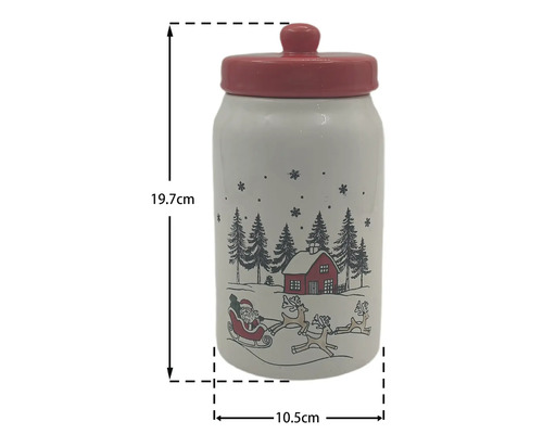 Vorratsdose aus Keramik, weiß mit rotem Deckel und weihnachtlichem Motiv, Höhe 19,7 Zentimeter, Durchmesser 10,5 Zentimeter.