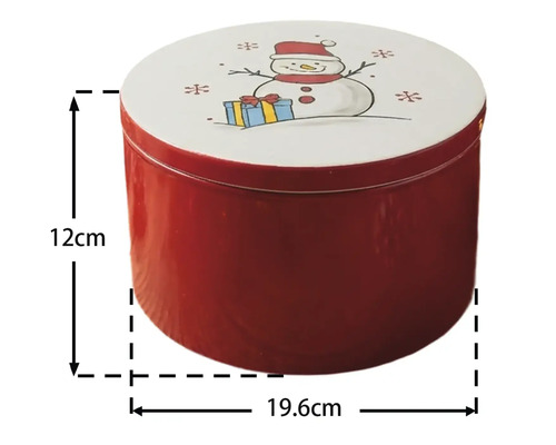 Rote runde Metalldose mit Schneemann Motiv auf weißem Deckel, Höhe 12 Zentimeter, Durchmesser 19,6 Zentimeter.