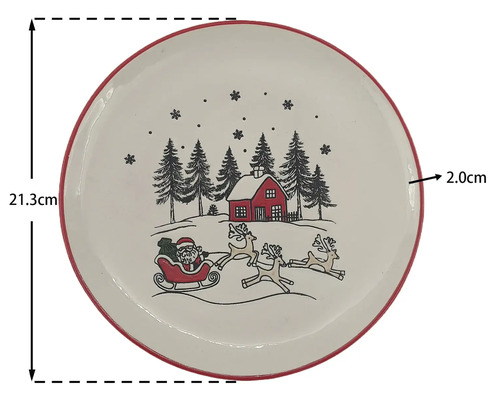 Weißer Weihnachtsteller mit rotem Rand, Durchmesser 21,3 Zentimeter, Höhe 2,0 Zentimeter, Motiv Weihnachtsmann im Schlitten, Rentiere und Haus.