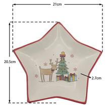 Sternförmige Weihnachtsschale mit Rentier und Tannenbaum Motiv, Breite 21 cm, Höhe 20,5 cm, Tiefe 2,7 cm.