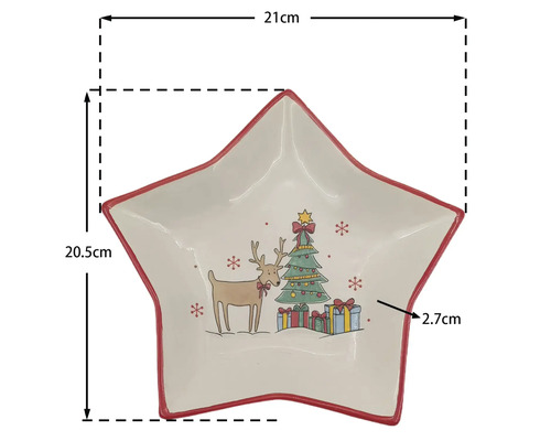 Sternförmige Weihnachtsschale mit Rentier und Tannenbaum Motiv, Breite 21 cm, Höhe 20,5 cm, Tiefe 2,7 cm.