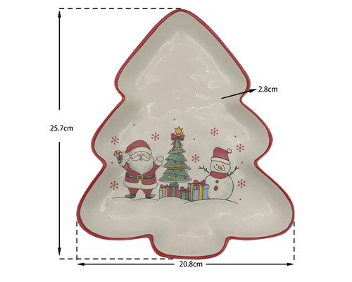 Servierplatte in Tannenbaumform mit Weihnachtsmotiven, 25,7 Zentimeter hoch, 20,8 Zentimeter breit und 2,8 Zentimeter tief.
