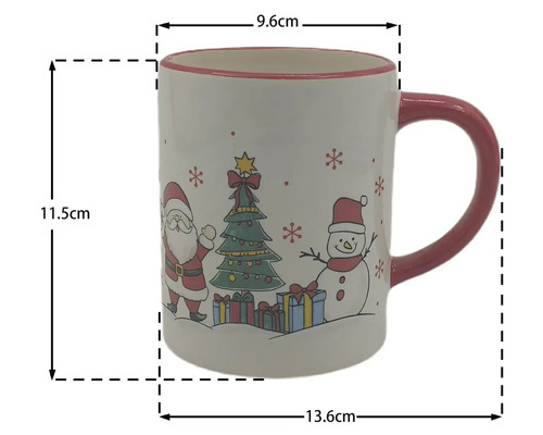 Weihnachtsbecher mit Weihnachtsmann, Weihnachtsbaum und Schneemann. Höhe 11,5 Zentimeter, Durchmesser 9,6 Zentimeter, Breite 13,6 Zentimeter.