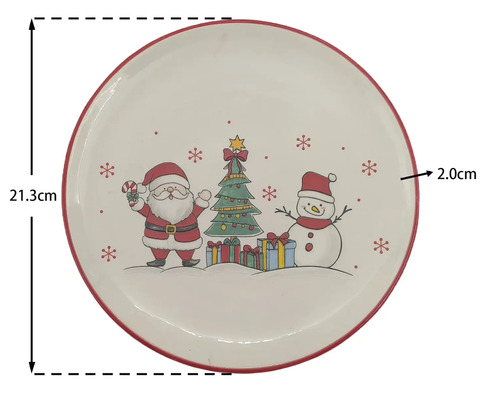 Runder Weihnachtsteller mit Weihnachtsmann, Weihnachtsbaum und Schneemann, Durchmesser 21,3 Zentimeter, Höhe 2,0 Zentimeter.