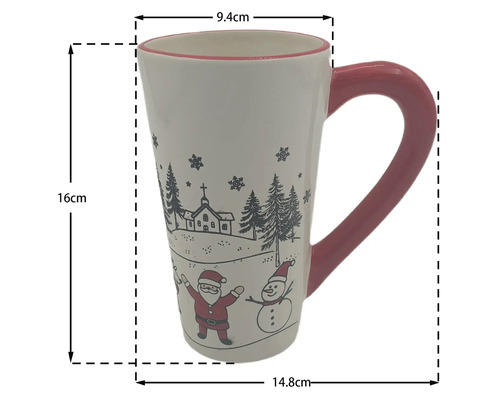 Weiße Weihnachtstasse mit rotem Henkel, Weihnachtsmann und Schneemann. Höhe 16 Zentimeter, Durchmesser 9,4 Zentimeter, Breite 14,8 Zentimeter.