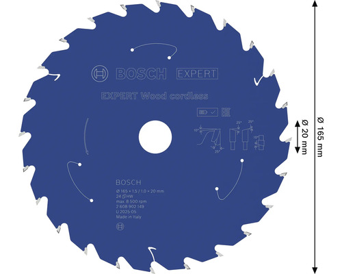 Bosch Expert Wood cordless Kreissägeblatt mit 165 Millimeter Durchmesser und 20 Millimeter Bohrung für Akku Handkreissägen