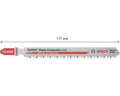 Bosch Stichsägeblatt Expert Plastic Composites Clean mit Carbide Technology, Gesamtlänge 117 Millimeter.