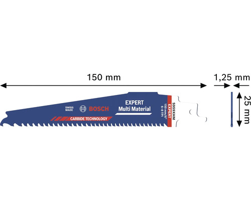 Bosch Expert Multi Material Säbelsägeblatt mit Karbid-Technologie, Länge 150 Millimeter, Breite 25 Millimeter, Dicke 1,25 Millimeter.