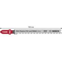 Bosch Stichsägeblatt T102H für saubere Schnitte in PVC und PMMA, 100 Millimeter Länge, hergestellt in der Schweiz, Bosch Logo.