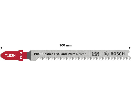 Bosch Stichsägeblatt T102H für saubere Schnitte in PVC und PMMA, 100 Millimeter Länge, hergestellt in der Schweiz, Bosch Logo.