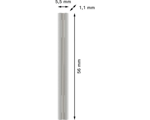 Metallklinge mit Maßen 56 Millimeter Länge, 5,5 Millimeter Breite und 1,1 Millimeter Stärke.