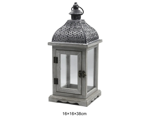 Dekorative Laterne aus grauem Holz und Metall mit Glaseinsätzen, Maße 16 mal 16 mal 38 Zentimeter.