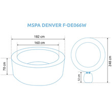 Abmessungen des MSPA Denver F-DE066W Whirlpools: Außendurchmesser 182 Zentimeter, Innendurchmesser 160 Zentimeter, Höhe 70 Zentimeter.