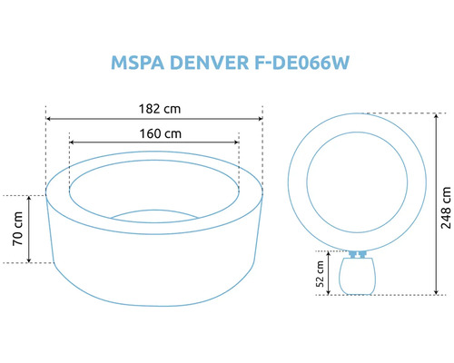 Abmessungen des MSPA Denver F-DE066W Whirlpools: Außendurchmesser 182 Zentimeter, Innendurchmesser 160 Zentimeter, Höhe 70 Zentimeter.