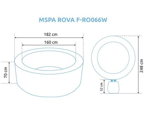 Maßzeichnung des Whirlpools MSPA ROVA mit Außenmaß 182 Zentimeter, Innenmaß 160 Zentimeter, Höhe 70 Zentimeter und Gesamtlänge 248 Zentimeter.