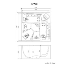 Maßzeichnung eines Whirlpools SPA32 mit Draufsicht und Seitenansicht, Maße in Millimeter 2100 mal 2100 mal 900.