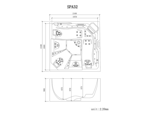 Maßzeichnung eines Whirlpools SPA32 mit Draufsicht und Seitenansicht, Maße in Millimeter 2100 mal 2100 mal 900.