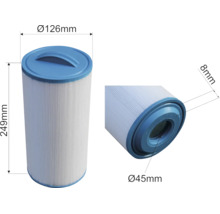 Filterkartusche für Pool und Whirlpool mit Maßen Höhe 249 Millimeter, Durchmesser 126 Millimeter und Innenöffnung 45 Millimeter.