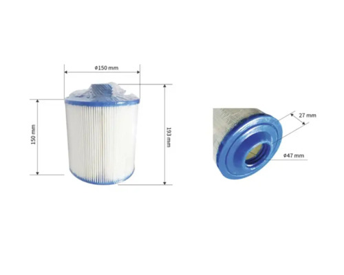 Poolfilter-Kartusche mit Maßen: Höhe 150 Millimeter und 193 Millimeter, Durchmesser 150 Millimeter, Öffnung 27 Millimeter und 47 Millimeter.