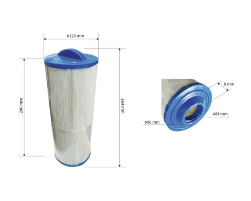 Poolfilter-Kartusche mit Abmessungen: Durchmesser 125 Millimeter, Filterhöhe 240 Millimeter, Gesamthöhe 264 Millimeter. Detailansicht der Öffnung.