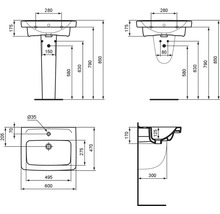 Maßzeichnung eines Waschbeckens mit Stand- oder Halbsäule, Maße in Millimeter, Breite 600 Millimeter, Tiefe 470 Millimeter.