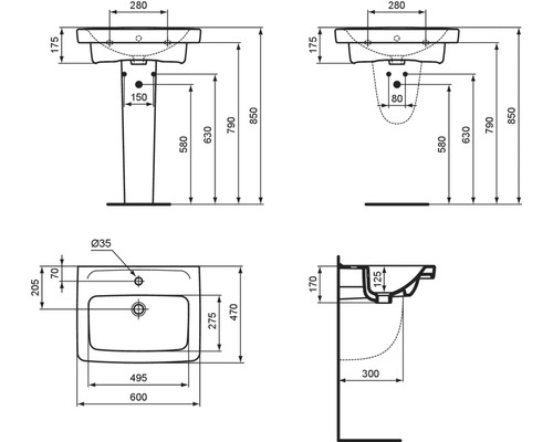 Maßzeichnung eines Waschbeckens mit Stand- oder Halbsäule, Maße in Millimeter, Breite 600 Millimeter, Tiefe 470 Millimeter.