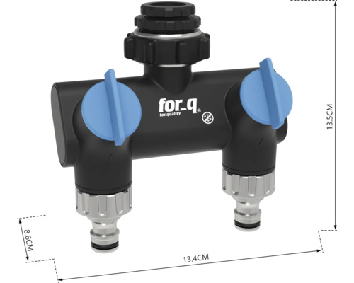 Schwarzer for_q 2-Wege-Verteiler aus Kunststoff für Wasserhähne mit zwei blauen Regulierungsventilen, frostsicherem Symbol, for_q Logo, 13.4 Zentimeter.
