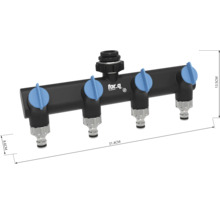 for_q 4-Wege-Verteiler für Gartenschläuche mit Absperrventilen, frostsicher, Breite 31,4 Zentimeter, Höhe 13,5 Zentimeter.