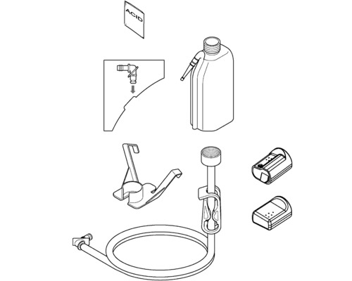Explosionszeichnung eines Batteriesäure-Sets mit Behälter, Schlauch, Halterung und Säurehinweis