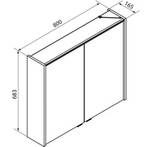 Maßzeichnung eines zweitürigen Spiegelschranks, Breite 800 Millimeter, Höhe 683 Millimeter, Tiefe 165 Millimeter.
